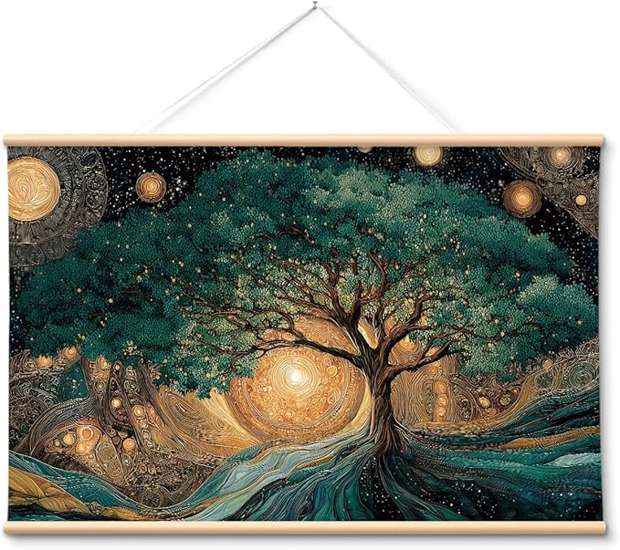 VIYYIEA Extra Large Canvas Wall Art, Tree of Life Abstract Wall Hanging with Wooden Scroll Frame, Spiritual Nature Decor for Living Room Bedroom Meditation Space, 36x54 Inch