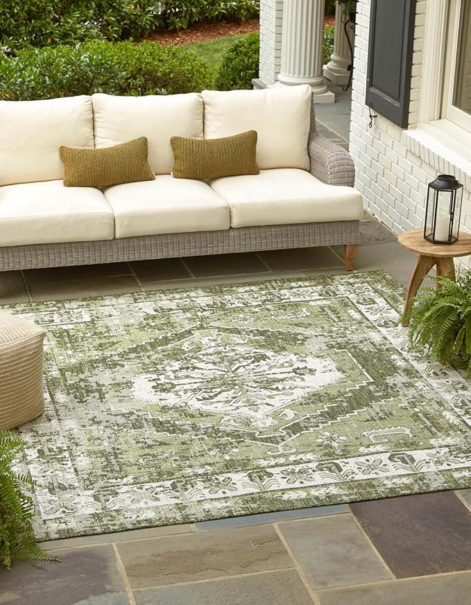 Unique Loom Outdoor Traditional Collection Area Rug - Valeria (10' Square, Green/ Light Green)