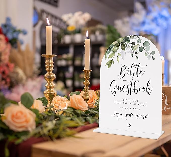 Wedding Signs for Reception, Green Leaves Bible Guestbook Sign, Wedding Reception Signage, Bridal Shower Table Decorations with Base, Supplies for Proposal, Bridal Shower Events and Ceremony, 15