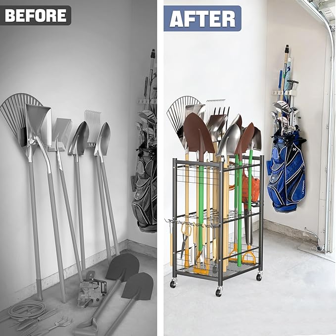 WALMANN Garden Tool Organizer with Wheels for Garage, Rakes/Shovels/Yard Tools Storage Stand for Garden, Yard, Indoor/Outdoor Long-Handled Tools Rolling Cart(Tool stand)