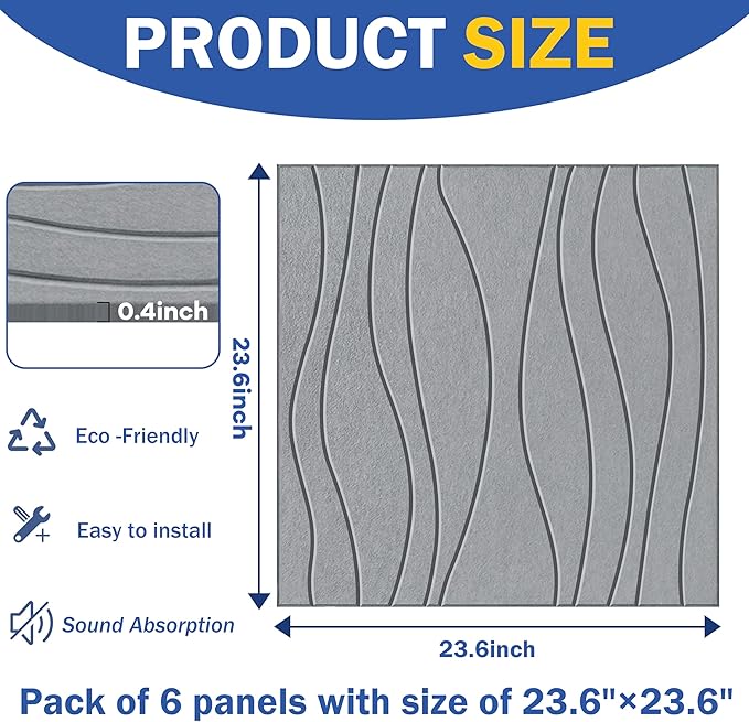 6 PCS Acoustic Panels, 23.6x23.6'' Self-Adhesive Soundproof Wall Panels