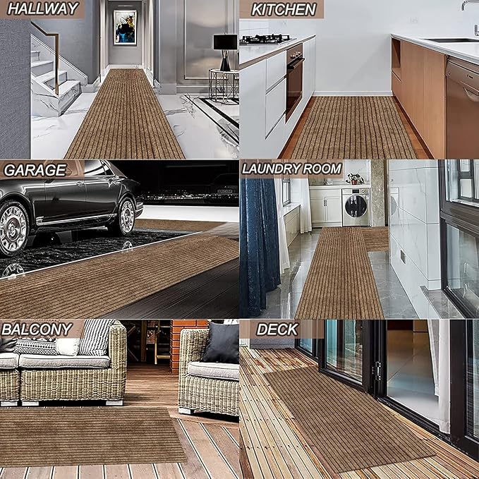 4' x 43' Runner Rugs with Rubber Backing, Indoor Outdoor Utility Carpet Runner Rugs, Stripe Brown, Can Be Used as Aisle for The RV and Boat, Laundry Room and Balcony