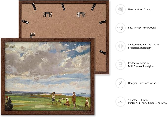 Poster Master Vintage Lady Astor Playing Golf at North Berwick Painting Poster - Retro Golf Course Print - Golf Art - Sports Art - Landscape Art - Office or Living Room Decor, 16x20 Brown Framed