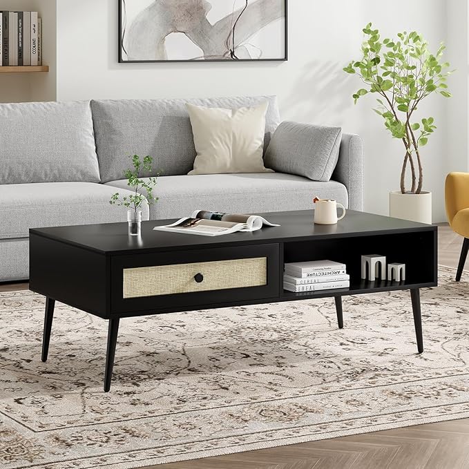Farini Mid-Century Modern Coffee Table, 47 Inch Rectangle Console Table with Drawer & Shelf, Wooden Coffee Table for Living Room, Office, Black