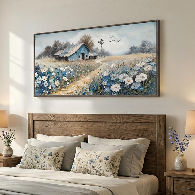Large Framed Farmhouse Canvas Wall Art for Living Room, Blue Vintage Rustic Barn Horizontal Canvas Prints, Country Floral Wall Decor for Bedroom Dining Room Hallway 30x60 Inch