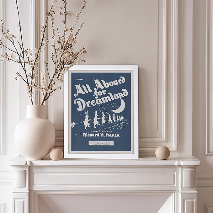 Poster Master All Aboard For Dreamland Poster - Retro Children's Lullaby Print - Story Book Art - Bunny Art - Rabbit Art - Aesthetic Art - Kid's Bedroom or Nursery Wall Decor, 8x10 White Framed