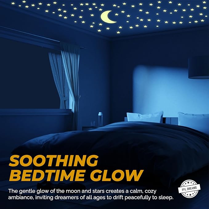 Glow in The Dark Stars and Moon, Realistic No Dots No Squares Set. Star Shaped Stickers and Moon, Luminous Adhesives for Room, Wall, Bedroom, Light up Your Ceiling and Living Room