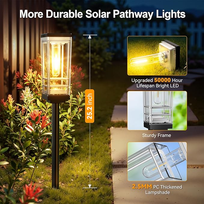 Ahaorigin 6 Pack Solar Lights Outdoor, Up to 15 Hrs Brighter Solar Pathway Lights, Luxury Taller Solar Outdoor Light Waterproof for Path Garden Yard Landscape Walkway Driveway, Warm White