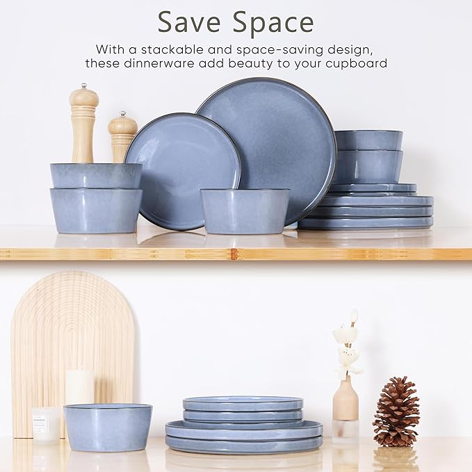 Herogo 18 Pieces Dinnerware Set for 6, Stoneware Dinner Plates and Bowls Sets, Reactive Glaze Dishes for Kitchen, Crack Resistant, Microwave & Dishwasher Safe, Haze Blue