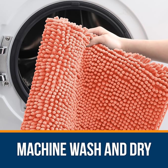 OLANLY Bathroom Rugs 47x20, Extra Soft Absorbent Chenille Bath Rugs, Rubber Backing Quick Dry, Machine Washable Bath Mats for Bathroom Floor, Tub and Shower, Home Decor Accessories, Coral