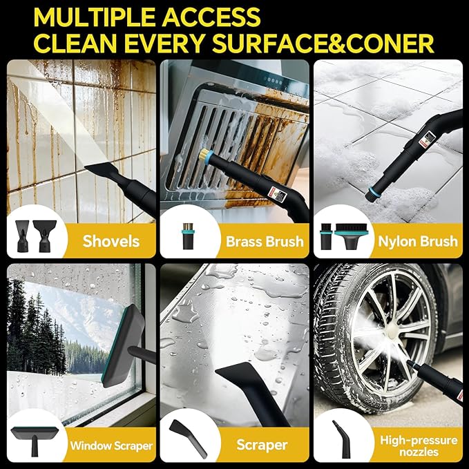 Heapsion Handheld Steam Cleaner, 4 Bar Pressure, 15s Fast Heat-Up, 1.8L Large Capacity Tank, 6 Steam Levels, 12-Piece Accessories, 1500W Portable Steam Cleaner for Grout, Tiles, Kitchen, Car Detailing