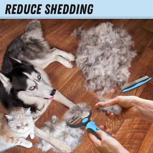 Docrok Pet Grooming Combo - Blue Deshedding Brush & Metal Comb for Long, Matted Fur Care