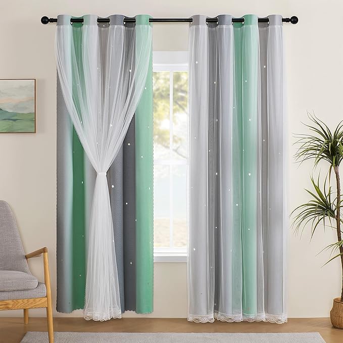 XiDi Curtains for Bedroom Decor, Rainbow Green LightgreyGrey34/96/1
