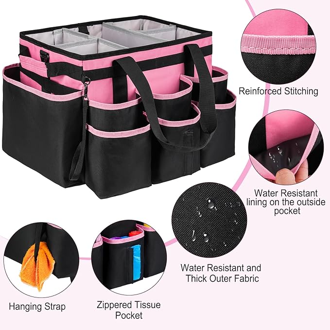 Large Rolling Cleaning Caddy Bag with Detachable Trolley,Cleaning Cart on Wheels with Shoulder Strap,Cleaning Supplies Organizer for Housekeepers,PInk