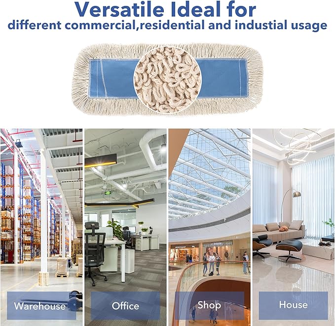 Matthew Cleaning 24'' Industrial Strength Cotton Dust Mop Refill Washable Replacement Heads for Residential & Commercial Use Fit Standard Dust Mop Frames, Hardwood,Concrete Floors Blue&White 3 Pack