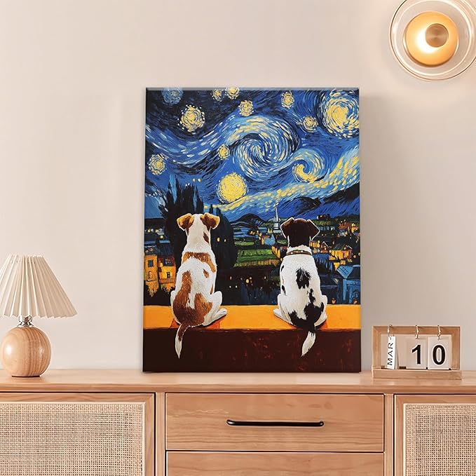 Dog Wall Art, Starry Night Dogs Pictures Wall Decor, Animal Canvas Prints Painting, Framed Artwork for Bathroom Living Room Bedroom Office Dining Room 24"X20"
