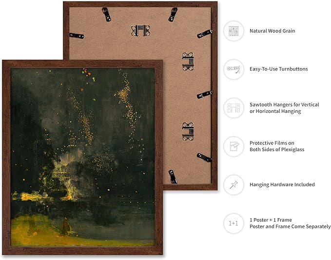 Poster Master Vintage Nocturne in Black and Gold Painting Poster - Retro The Falling Rocket Print - Abstract Art - Moody Art - Landscape Art - Office or Living Room Decor, 8x10 Brown Framed