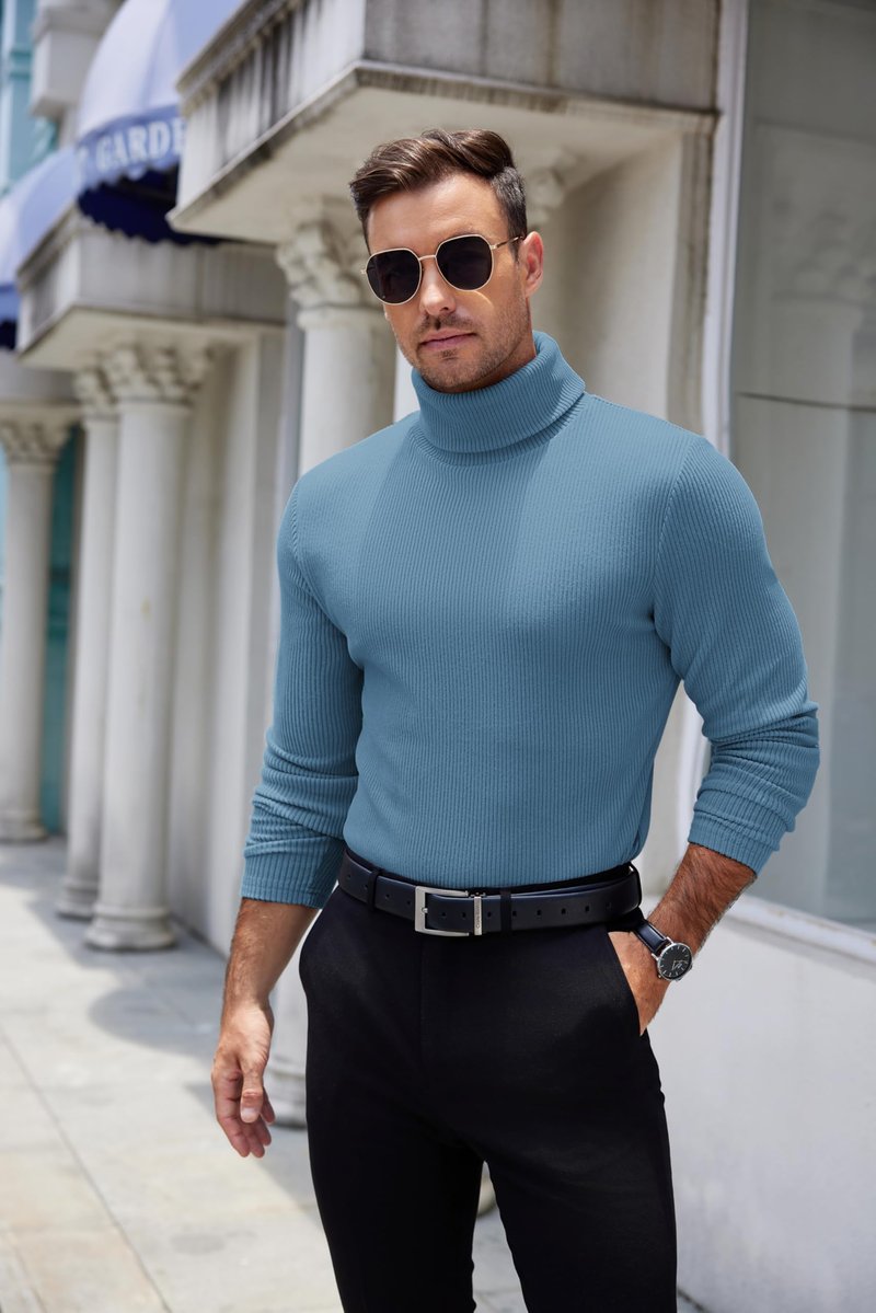 COOFANDY Men's Ribbed Turtleneck Sweater Casual Basic Long Sleeve Knitted Pullover Sweater Dark Blue