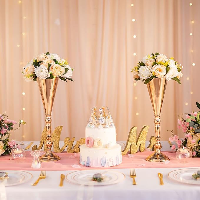 Gold Vase Centerpiece Table Decorations - 2 Pcs Metal Tabletop Flower Stand, Wedding Decorations for Reception, 16.5in Trumpet Tall Flower Vase for Birthday, Weddings, Anniversary Ceremony, Home Decor
