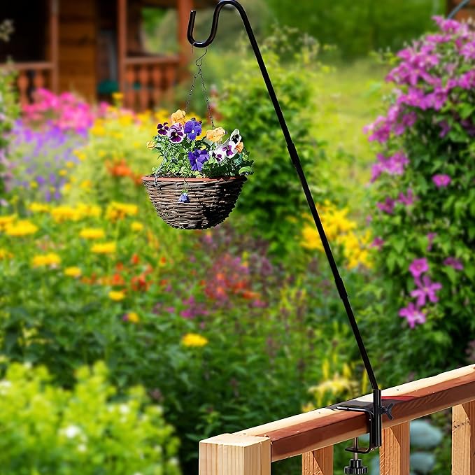 Juegoal Heavy Duty Deck Hook with 2 Inch Non Slip Clamp, 25 or 36 Inch Extended Reach Deck Hook, Adjustable Rail Pole Plant Bracket for Hanging Bird Feeder, Plants, Lanterns, Wind Chimes