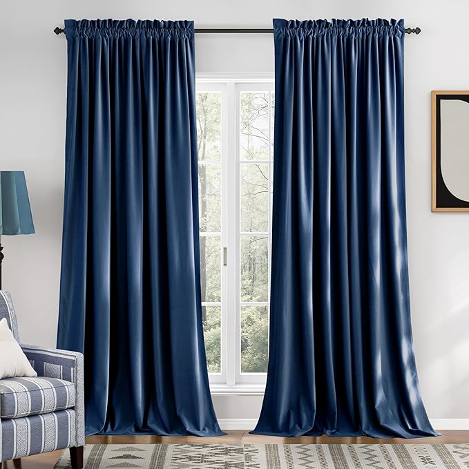 NICETOWN Navy Blue Velvet Blackout Curtains 96 inch Long