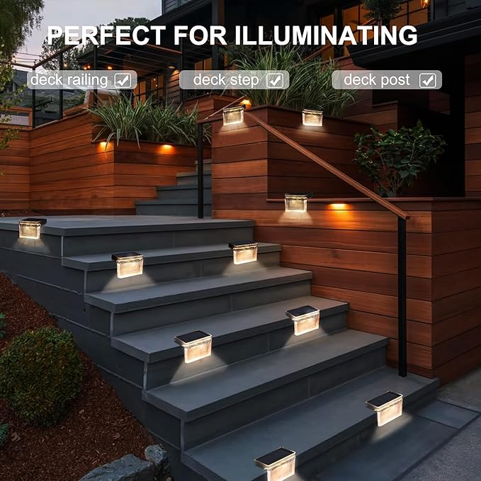 Qualdout Solar Deck Lights 8 Pack, Solar Step Lights IP65 Waterproof Solar Powered Outdoor Led Lights for Fence Railing Wall Pool Stair Yard Garden Patio Pool Decorations (Warm White)