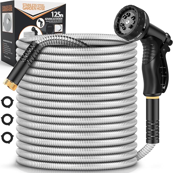 Garden Hose Metal 125FT, Stainless Steel Heavy Duty Water Hose With 10 Function Nozzle, No-Kink, Tough & Flexible, Sturdy and Lightweight, Rust Proof for Yard, Outdoor, RV