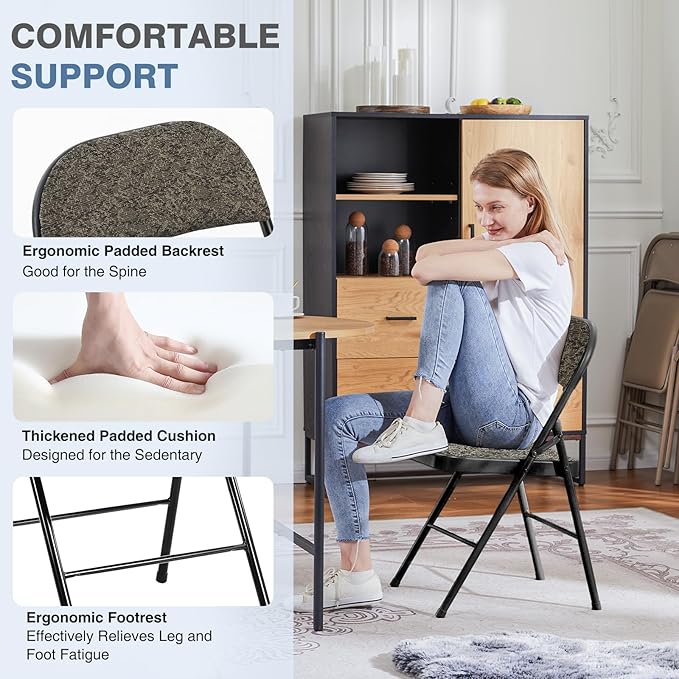 DUMOS 2 Pack Folding Chairs with Padded Cushion and Back - Fabric Stackable Portable Dining Chairs Set, for Home and Office, Conference, Wedding, Party, Patio, Garden, for Indoor Outdoor, Black Grey