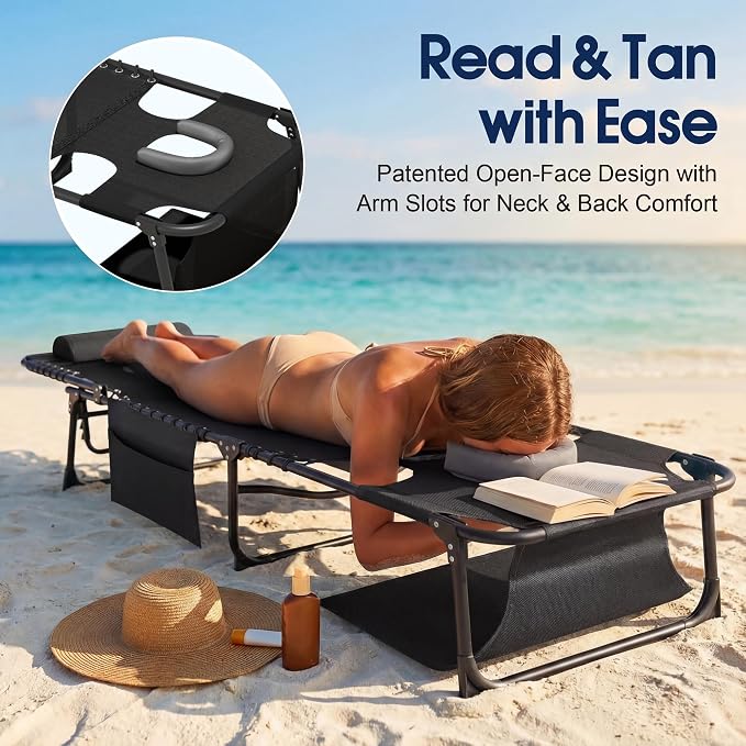 Flamaker Oversize Face Down Chaise Lounge Chair, 27 Inch Wide Foldable Outdoor Patio Chair, 5-Position Adjustable Tanning Chair with Face& Arm Holes for Sunbathing, Pool, Beach, Lawn (Black, 1 Pcs)