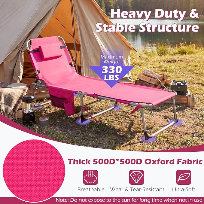 GYMAX Tanning Chair, 330LBS Beach Lounge Chair with Face Arm Hole & Hand Shoulder Strap, Folding Layout Sunbathing Chair, Face Down Outdoor Chaise Lounger for Patio, Poolside, Lawn, Backyard (2, Pink)