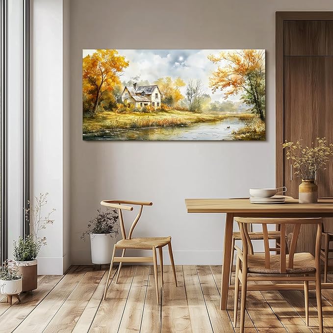 SERIMINO Autumn Nature Landscape Wall Art, Riverside Cottage Scenic Large Artwork, Rustic Farmhouse Oversized Wall Prints, Pastoral Canvas Paintings Wall Decor Living Room Bedroom Dining Room 29"X57"