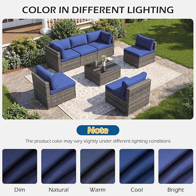 HOMREST 14-Piece Outdoor Patio Cushions, 25x25 Deep Seat Replacement, Water Resistant & Non-Slip for 6-Seat Wicker Sectional Sofa,Navy Blue