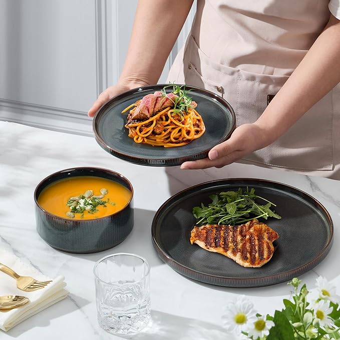 E-far 12-Piece Plates and Bowls Sets, Stoneware Dinnerware Dishes Sets for 4, Kitchen Modern Dining Dishware, Chip & Scratch Resistant, Microwave & Dishwasher Safe, Blackish Green