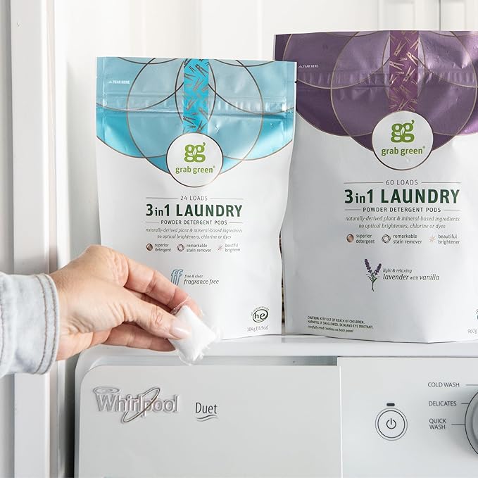 Grab Green 3-in-1 Laundry Detergent Pods, Lavender Vanilla Scent, Plant and Mineral Based, Superior Cleaning Power, Stain Remover, Brightens Clothes, White, 132 Count