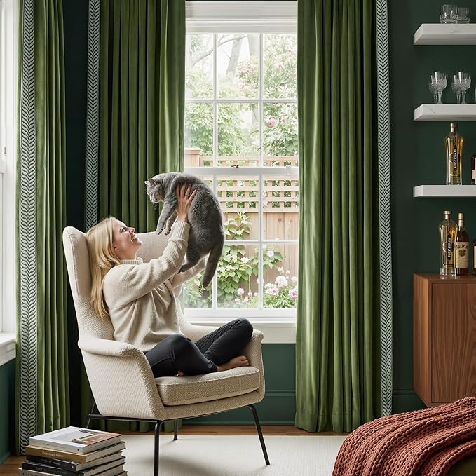 NICETOWN Rod Pocket Embroidered Trim Velvet Curtains, 2 Panels, Olive Green