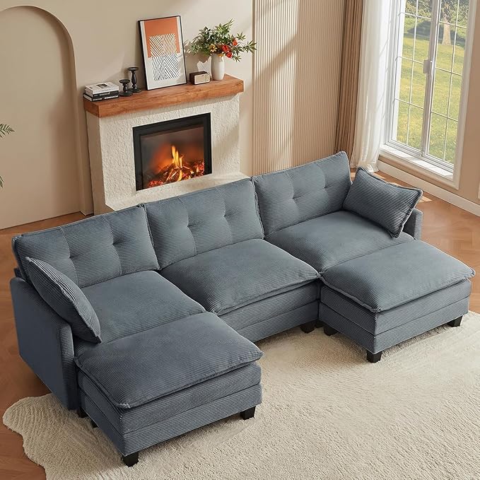 Modular Sectional Sofa, 111.5" U-Shaped Corduroy Comfy Sectional Couches for Living Room, 3-Seater Cloud Couches with 2 Movable Ottomans, Flexible Combination Modern Deep Seat Sofa (Grey)
