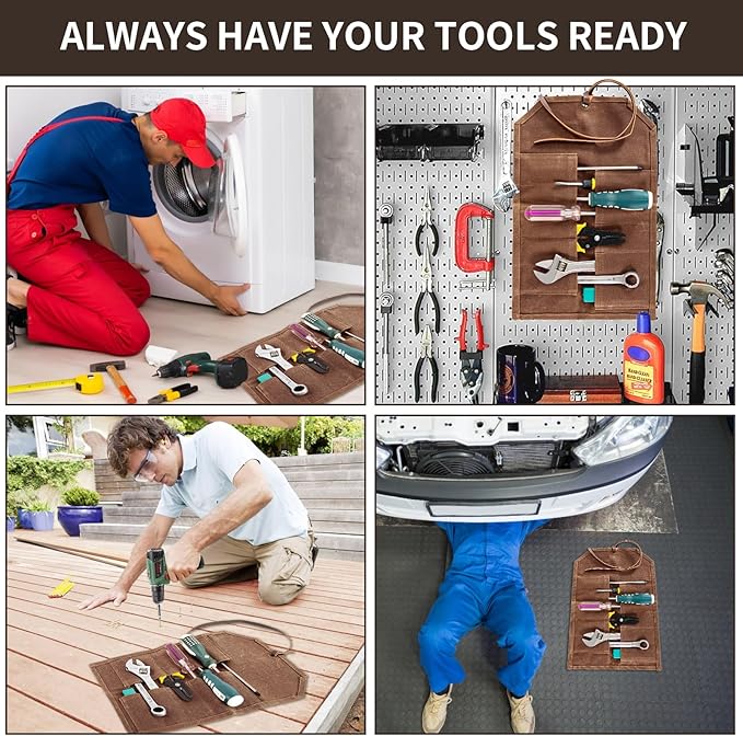 Tool Roll,10Slots Tool Roll Up Pouch,Heavy Duty Waxed Canvas Tool Roll Bag,Chisel Wrench Spanner Roll Tool Pouch with Leather Rope,Tool Roll Organizer for Mechanic Electrician Plumber Carpenter