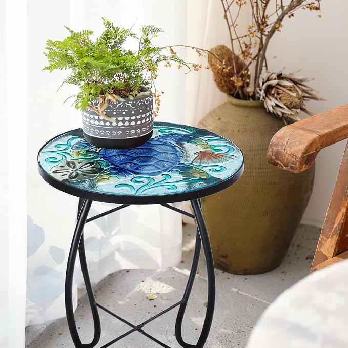 VCUTEKA Patio Side Table Outdoor Accent Table Small Mosaic Table Coffee Table End Table Porch Table Indoor Outdoor Round Glass Balcony Bistro Plant Stands Blue Transparent Turtle 14 inches