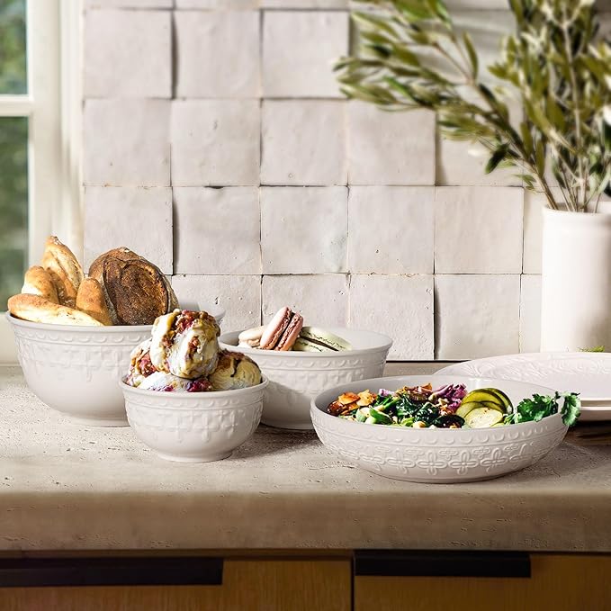 Small Ceramic Bowls - 14 Oz Ice Cream Bowls Set of 4, White Embossment Dessert Bowl for Kitchen, Soup, Side Dishes, Oatmeal, Rice, 4.75 Inch Microwave Oven Safe(Cross Floral)