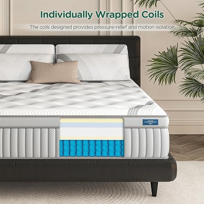 Lechpeus King Mattress,14 Inch Medium Plush Hybrid Mattress in Box,MDI Soft Memory Foam & 7-Zone Pocket Springs,Motion Isolation& Back Pain Relief,Enhanced Support King Bed,None Fiberglass