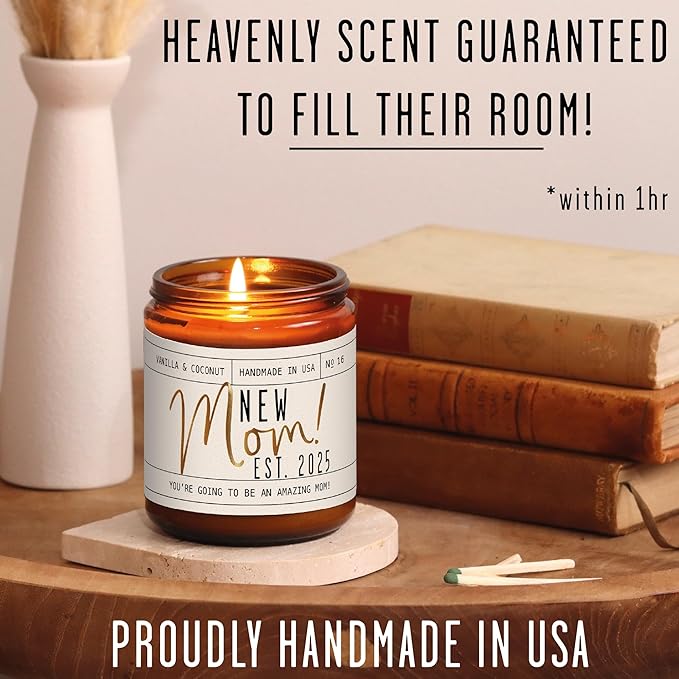 New Mom Gifts for New Mom Est. 2025 Candle, w/Coconut & Vanilla-Infused Essential Oils I Postpartum First Time Mommy Gifts I Push Presents I 50Hr Burn, USA Made