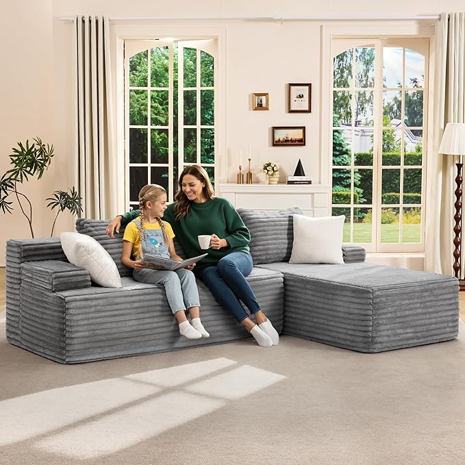 Hobestluk Modular Sectional Sofa Couches L-Shape Couch 3 Seat Modular Sofa Memory Foam Sectional Couches for Living Room, Cloud Couch with Oversized Chaise (96“ Right Facing)