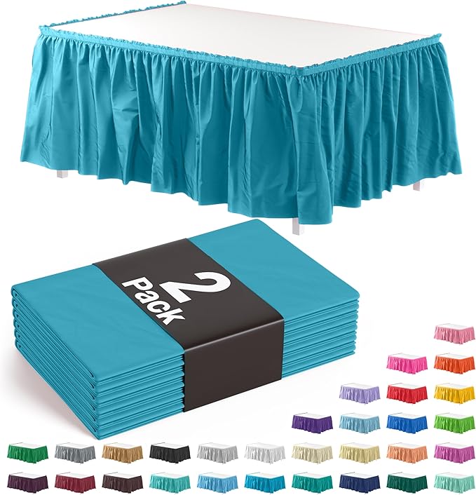 Exquisite Ruffle Table Skirt Turquoise 2 Pack 14 Ft Long Table Skirts for Rectangle Tables 6ft Plus or Round Tables Skirts with Adhesive Strip for Gender Reveal Decor & Happy Birthday Parties