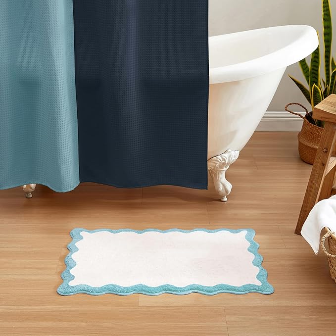 MONDAY MOOSE Bath Mat with Scalloped Wavy Ripple Design, Microfiber Absorbent Non Slip Tufted Rug for Floor, Shower or Kitchen (16x24 inch, Sky Blue)
