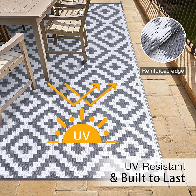 OLANLY Waterproof Outdoor Rug 10x14 ft, Outdoor Plastic Straw Rug for Camping, RV Mat Outside, Outdoor Carpet for Porch, Deck, Backyard, Balcony, Picnic, Grey & White