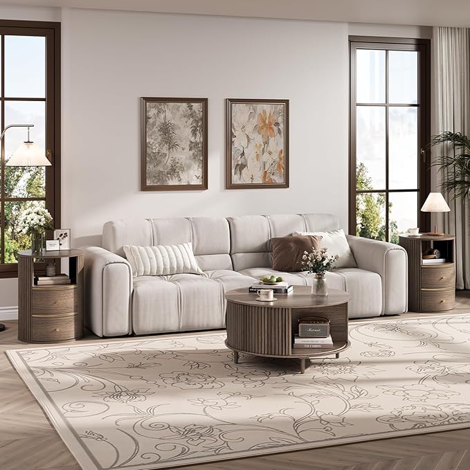 Round Coffee Table and End Table Set,31.5" Mid Century Modern Living Room Furniture, Walnut Fluted Center Table with Storage & Matching Side Table for Small Space