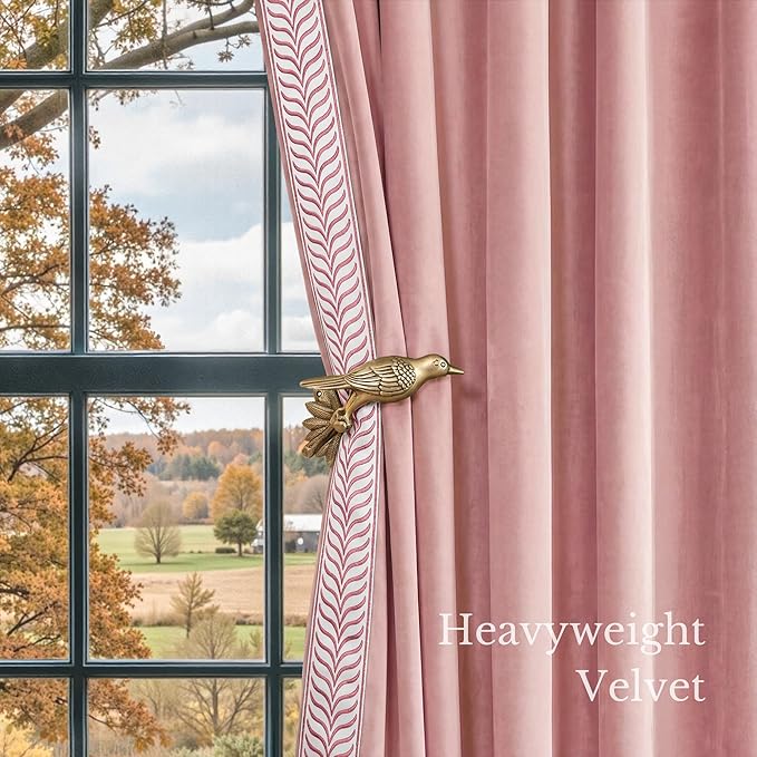 NICETOWN Rod Pocket Embroidered Trim Velvet Curtains, 2 Panels, Blush Pink