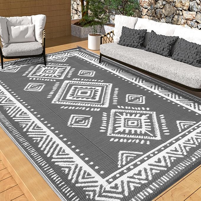 OMERAI Reversible Waterproof Outdoor Rug for Backyard,Plastic Textured Resistant Outdoors Rugs,Portable Washable Easy Cleaning Foldable Camping Beach Carpet for Patio Courtyard, 8'x10' Gray & White