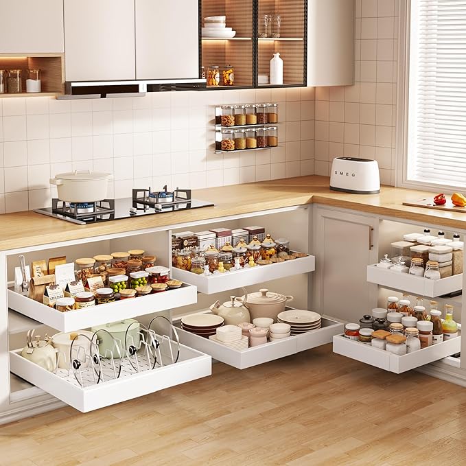 6 Pack Pull out Cabinet Organizer 21"Deep with Raising Pad for Framed Cabinets, Expandable Slide out Drawers for Kitchen Cabinets with 6pcs Divider Racks, Roll out Shelves 12.1"-20.4" W White