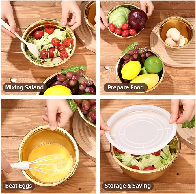Baderke 7 Pcs Gold Kitchen Accessories Includes Stainless Steel Colander with Handles, 3 Gold Mixing Bowls with Airtight Lids and 3 Fine Mesh Strainer(Colander: 3 Qt, Mixing Bowls: 0.8/1/1.5 Qt)